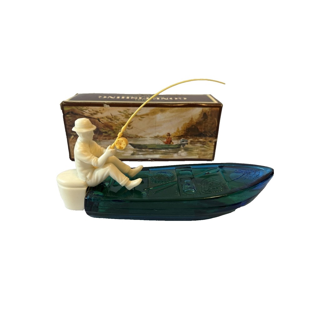 Vintage 1973 Avon Gone Fishing Decanter Bottle FULL Blue Glass Boat Box Spicy
